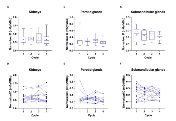 Box-Whisker-Plots showing the quartiles, the 5th and 95th percentiles (whiskers) and the mean (+) of the normalized absorbed doses (Normalized D) based on the RM across patients for kidneys (A), parotid glands (B) and submandibular glands (C). The course of values for each patient over the first four treatment cycles is shown for kidneys (D), parotid glands (E) and submandibular glands (F)